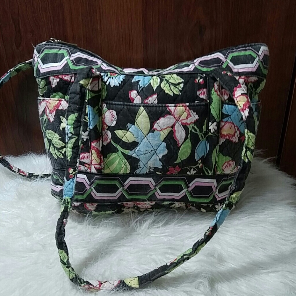 Pink, green, and black floral quilted shoulder bag